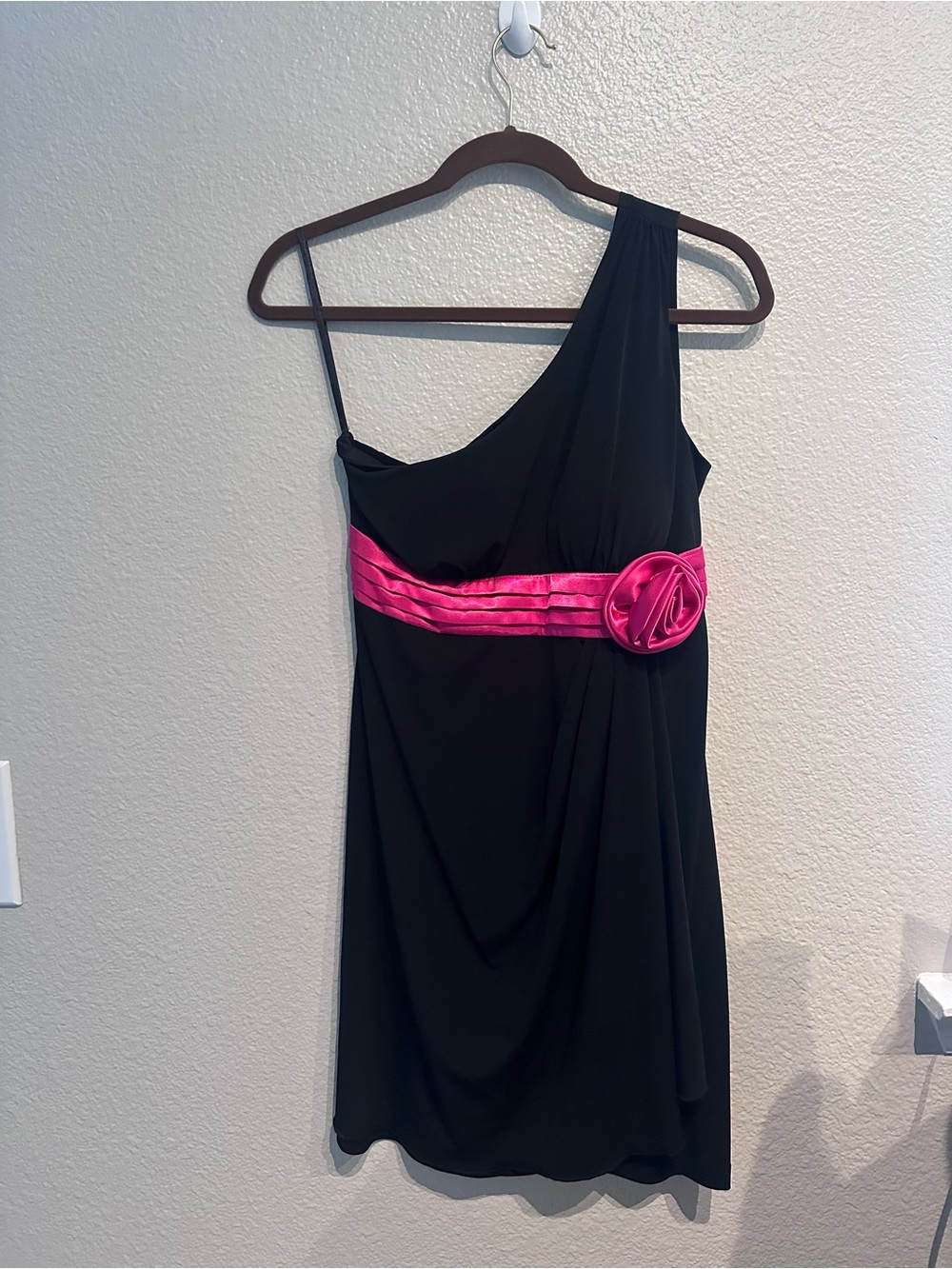 Enfocus Studio Black One-Shoulder Dress with Hot Pink Sash